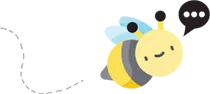 The image features a cartoon bee with a friendly expression, wearing a blue helmet and holding a small black object that resembles a phone, set against a gray background.